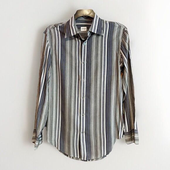 Armani Collezioni Other - Armani Collezioni Blue White Striped Button Up Shirt Men's Medium Viscose Silk